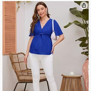 Floerns Women's Casual Maternity Flutter Sleeve Tie Front Peplum Blouse Tops